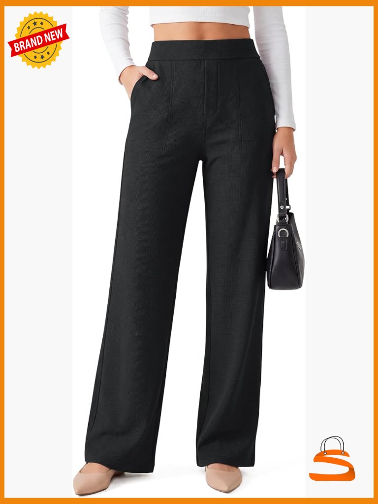 Waffle Wide Leg Dress Pants High Waisted Pull On Trousers